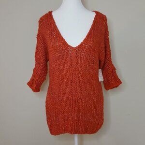 NWT Free People Georgia Deep V Neck 1/2 Sleeve Chunky Knit Sweater Size XS